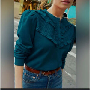 Nation LTD Teal Peasant Sweatshirt Size XS in Fifi Frilly Combo NWT